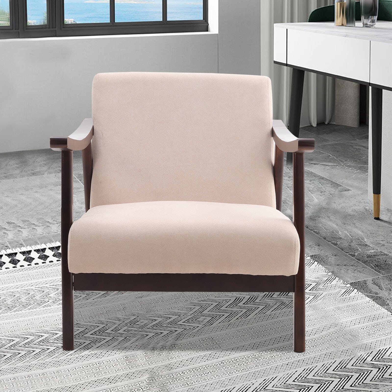 Mid-Century Modern Wooden Arm Accent Chair – Beige Tech Velvet Living and Home 