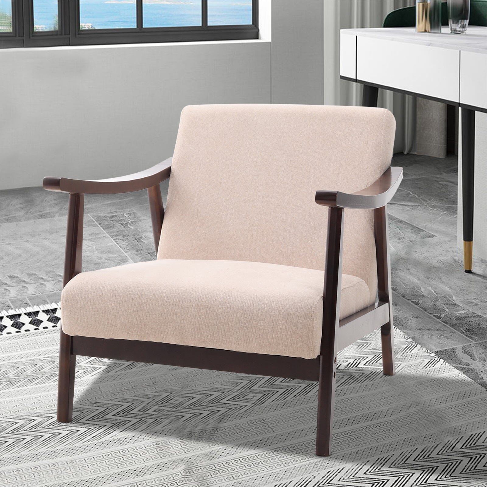 Mid-Century Modern Wooden Arm Accent Chair – Beige Tech Velvet Living and Home 