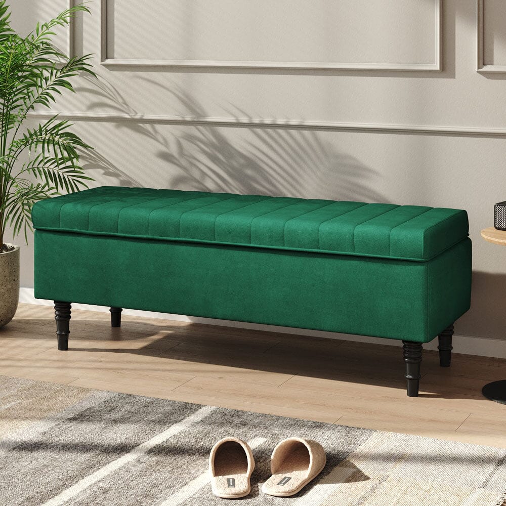 Emerald Velvet Storage Bench with Tufted Top &amp; Black Rubberwood Legs Living and Home 