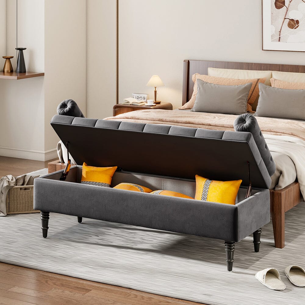 Grey Velvet Storage Bench with Tufted Top, Dual Pillows Living and Home 