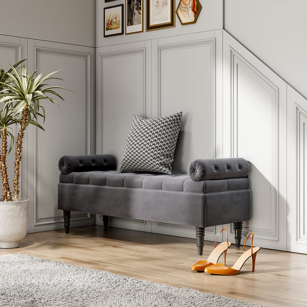 Grey Velvet Storage Bench with Tufted Top, Dual Pillows Living and Home 