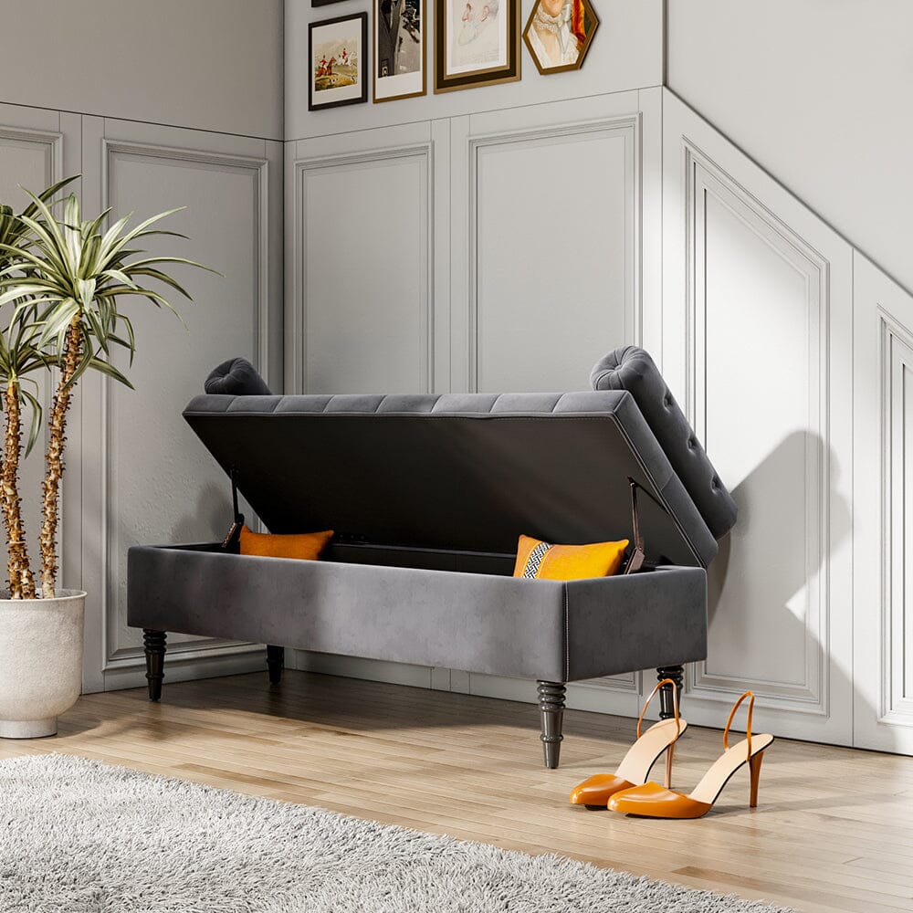 Grey Velvet Storage Bench with Tufted Top, Dual Pillows Living and Home 