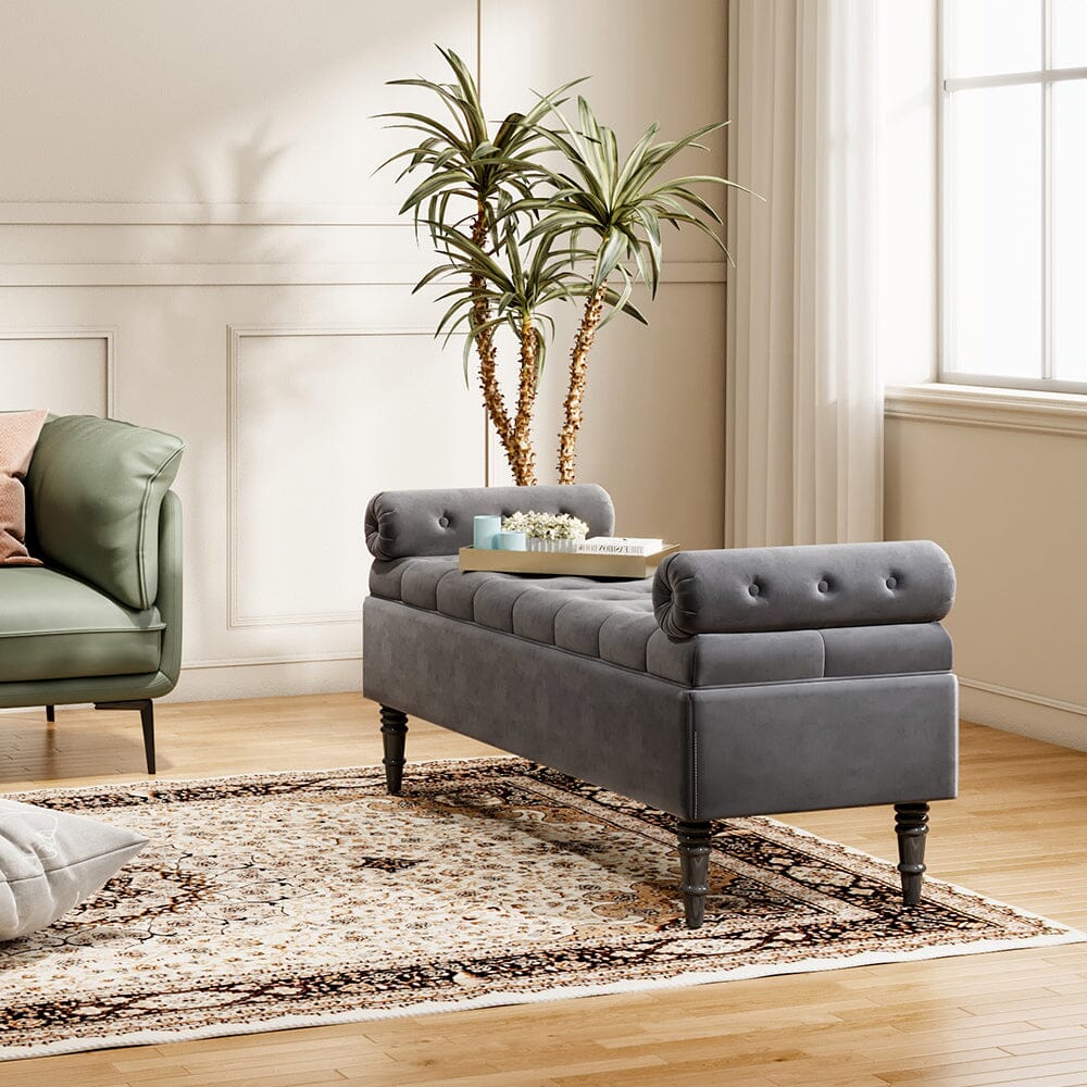 Grey Velvet Storage Bench with Tufted Top, Dual Pillows Living and Home 