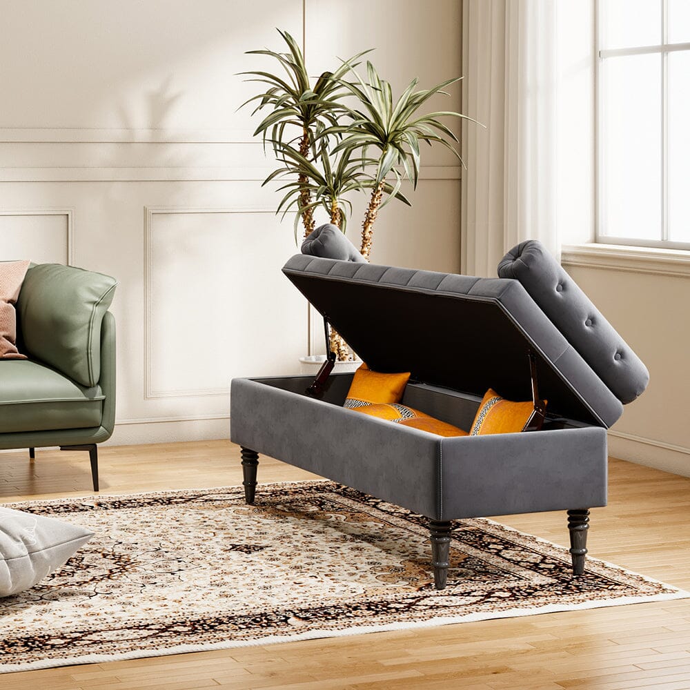 Grey Velvet Storage Bench with Tufted Top, Dual Pillows Living and Home 