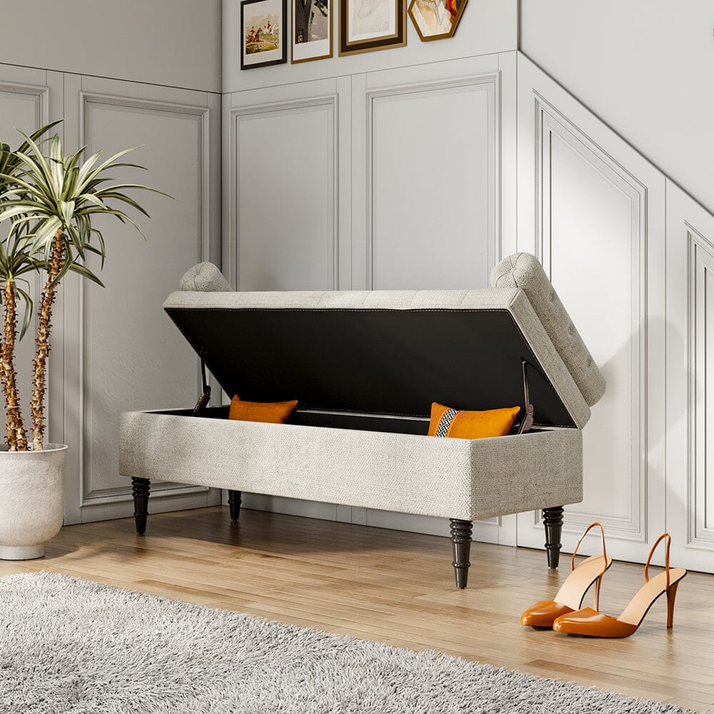 Grey Velvet Storage Bench with Tufted Top, Dual Pillows Living and Home 