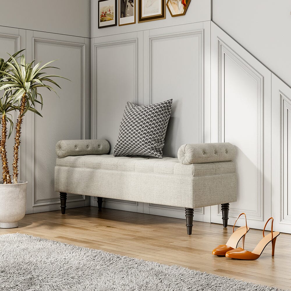 Grey Velvet Storage Bench with Tufted Top, Dual Pillows Living and Home 