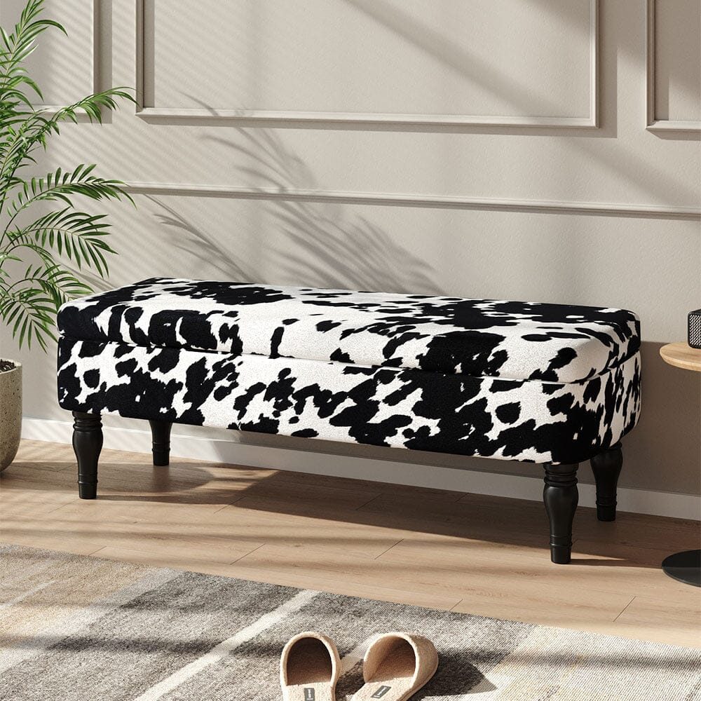 Cow Print Velvet Storage Bench with Black Rubberwood Legs Living and Home 