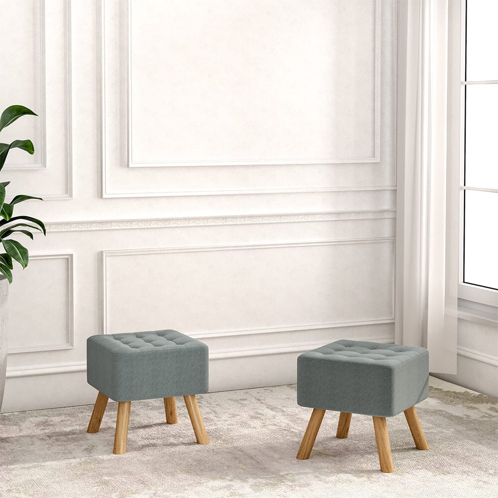 Square Tufted Shoe Stool Linen Fabric with Oak Legs Living and Home 