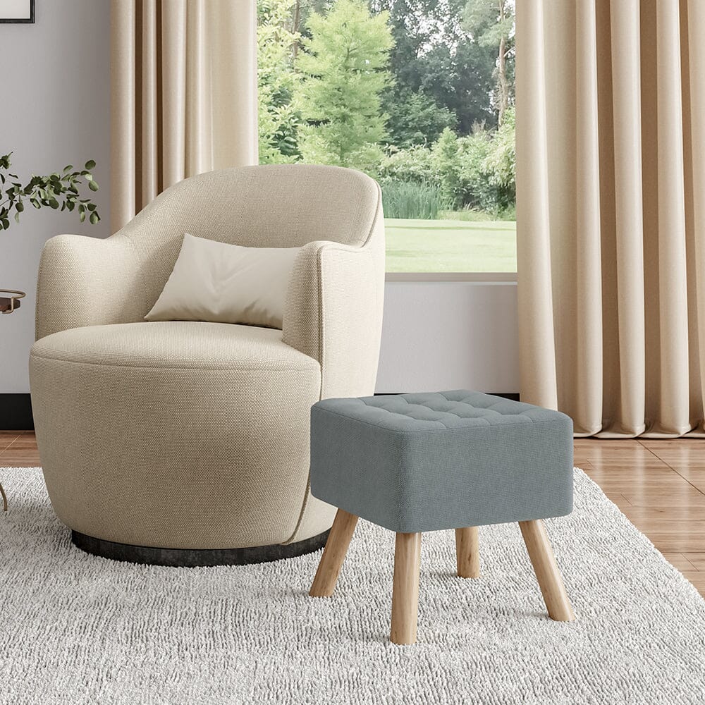 Square Tufted Shoe Stool Linen Fabric with Oak Legs Living and Home 