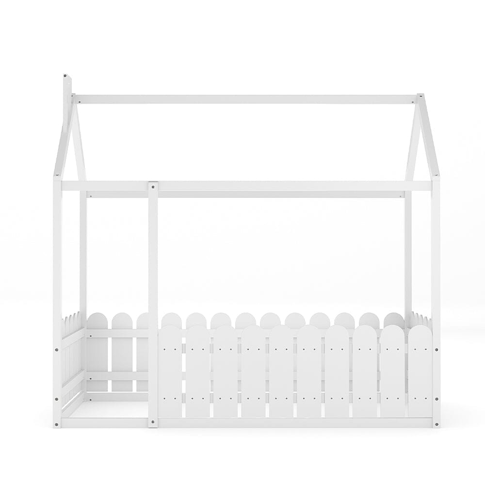 Solid Wooden House Bed Frame Low Toddler Bed with Fence and Roof Bed Frames Living and Home 