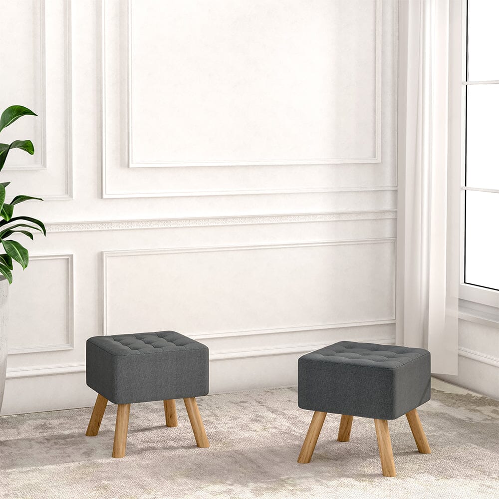 Square Tufted Shoe Stool Linen Fabric with Oak Legs Living and Home 