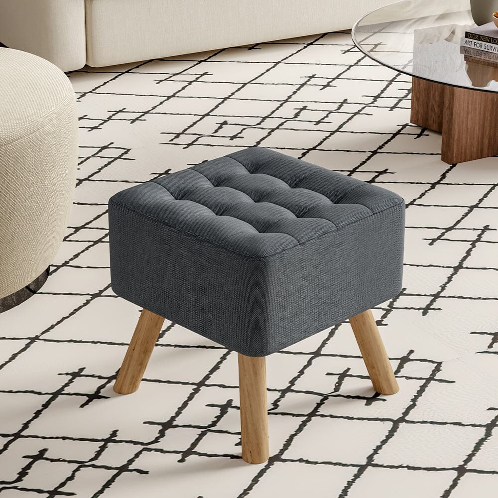 Square Tufted Shoe Stool Linen Fabric with Oak Legs Living and Home Dark Grey 