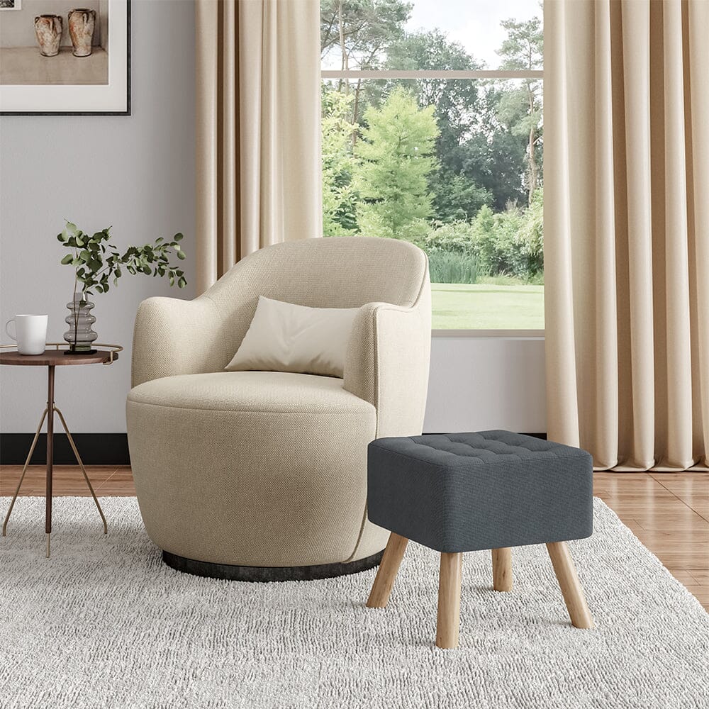 Square Tufted Shoe Stool Linen Fabric with Oak Legs Living and Home 