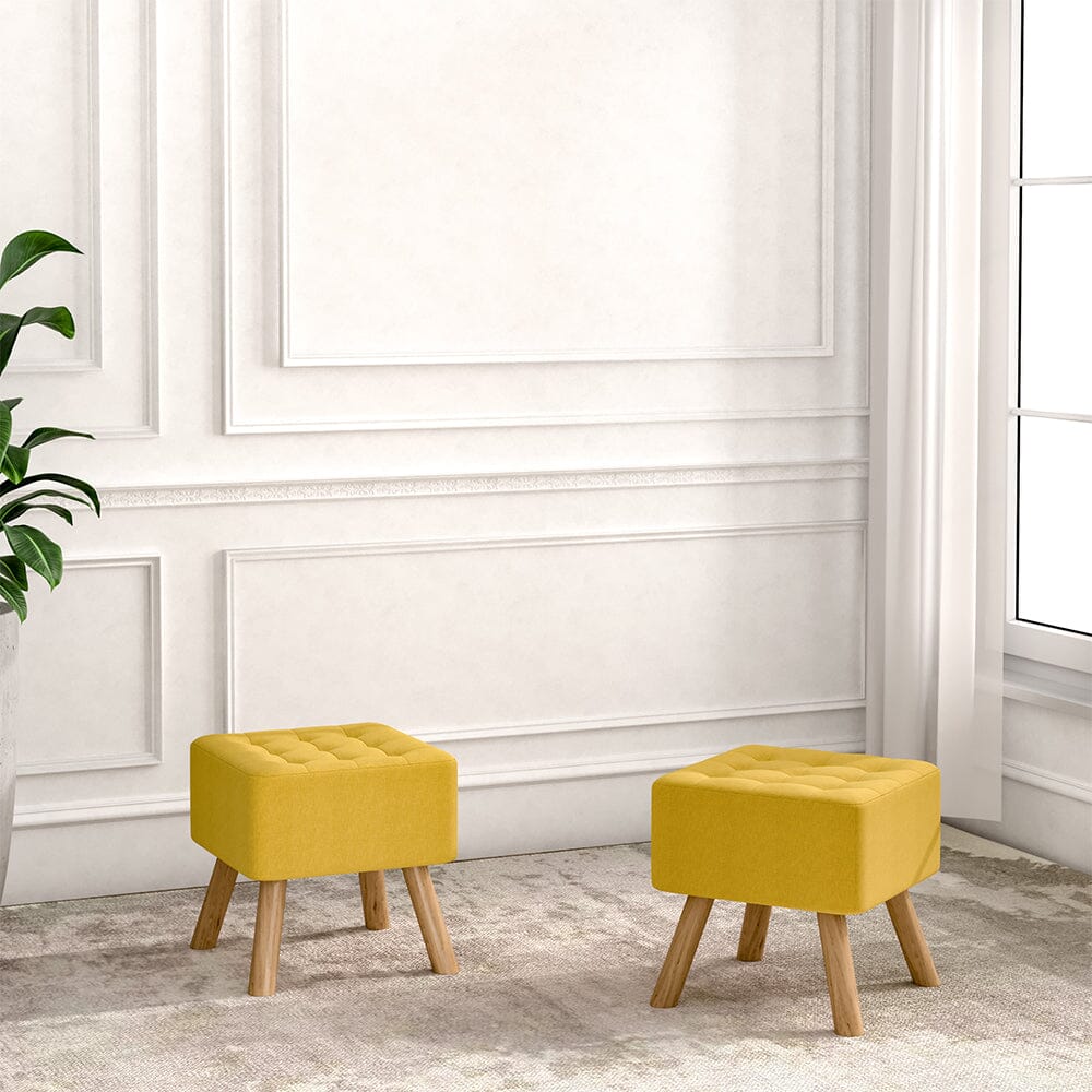 Square Tufted Shoe Stool Linen Fabric with Oak Legs Living and Home 