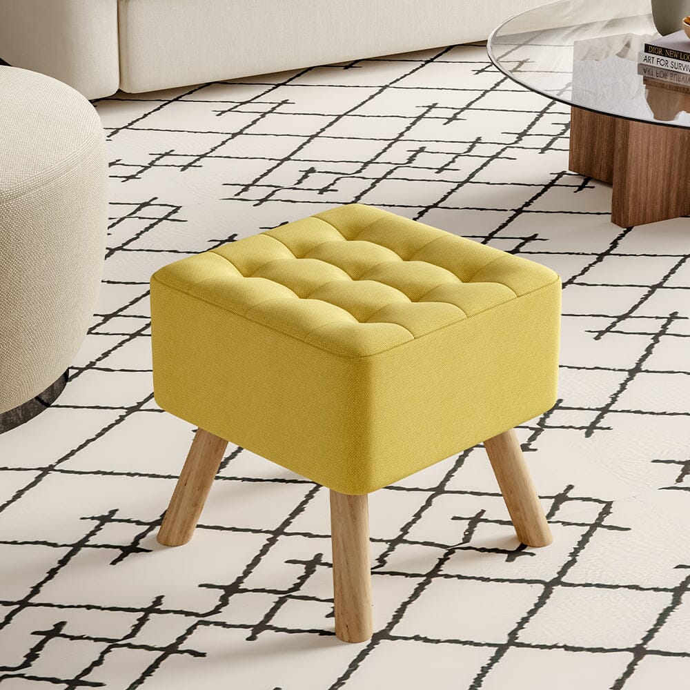Square Tufted Shoe Stool Linen Fabric with Oak Legs Living and Home Yellow 