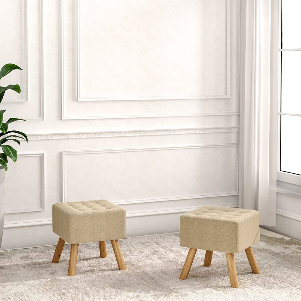 Square Tufted Shoe Stool Linen Fabric with Oak Legs Living and Home 