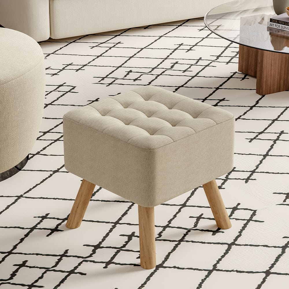 Square Tufted Shoe Stool Linen Fabric with Oak Legs Living and Home Beige 