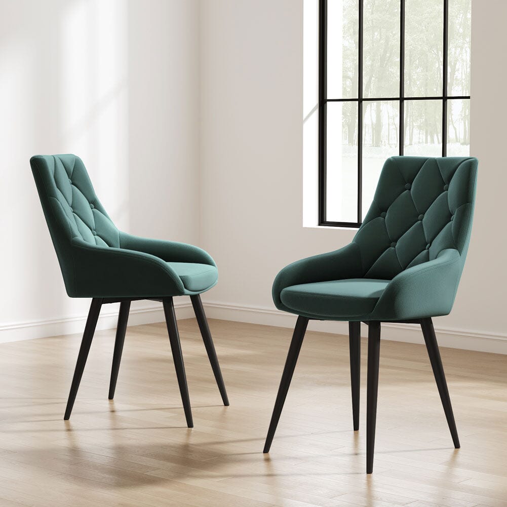Velvet Dining Chairs with Black Metal Legs – Set of 2 Living and Home Dark green 