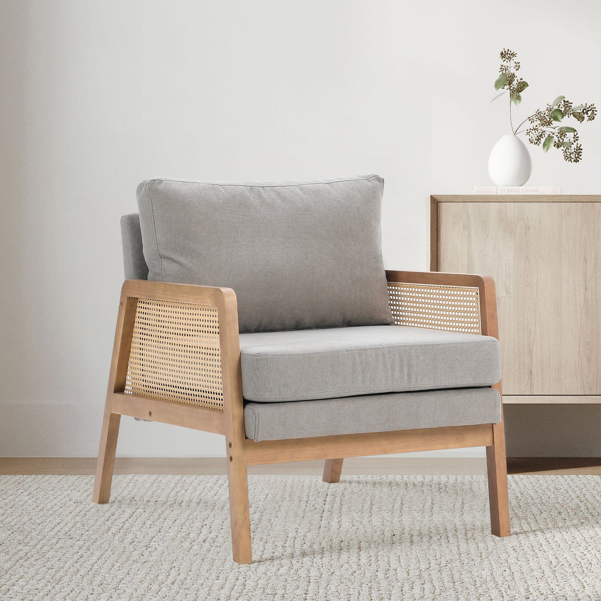 Scandi-Boho Rattan & Wood Accent Chair Collection – Multi-Colour Options Living and Home Light Grey Model 01 