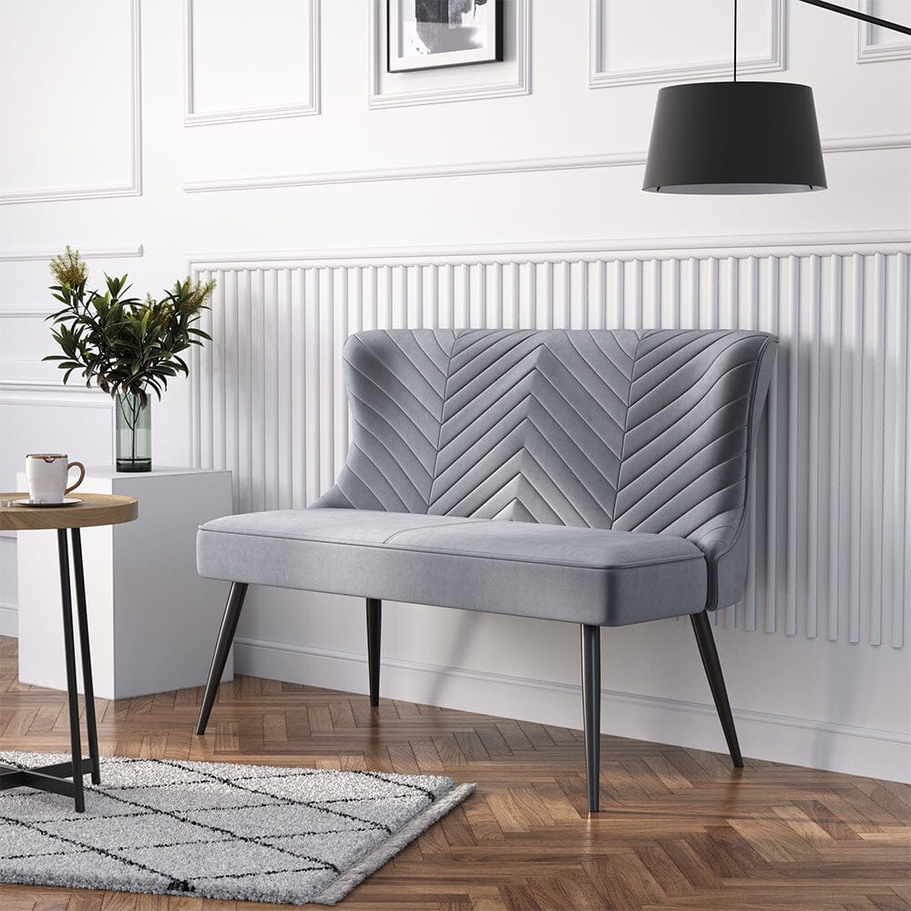 2 Seater Bench Sofa Grey Velvet Metal Legs Living and Home 