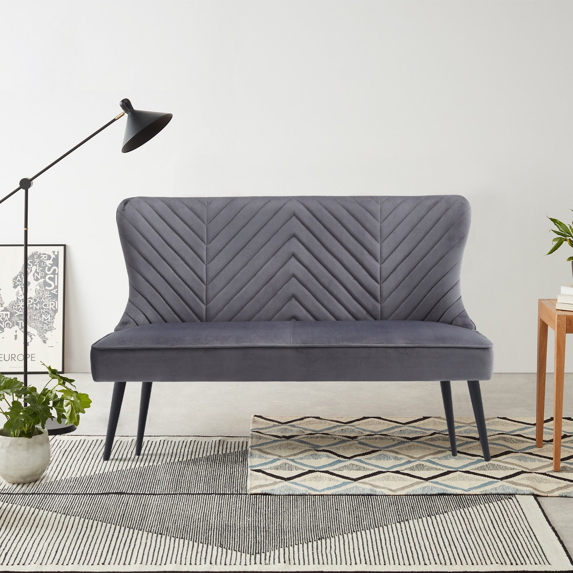 2 Seater Bench Sofa Grey Velvet Metal Legs Living and Home 