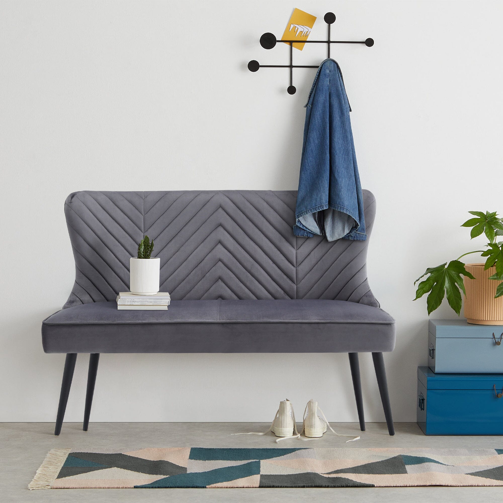 2 Seater Bench Sofa Grey Velvet Metal Legs Living and Home 