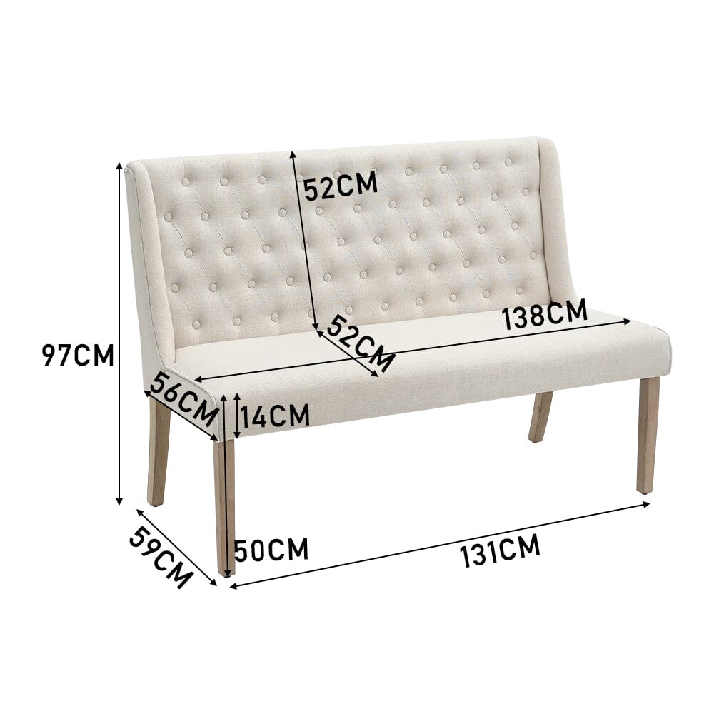 2 Seater Bench Sofa Beige Linen Rubber Wood Legs Living and Home 