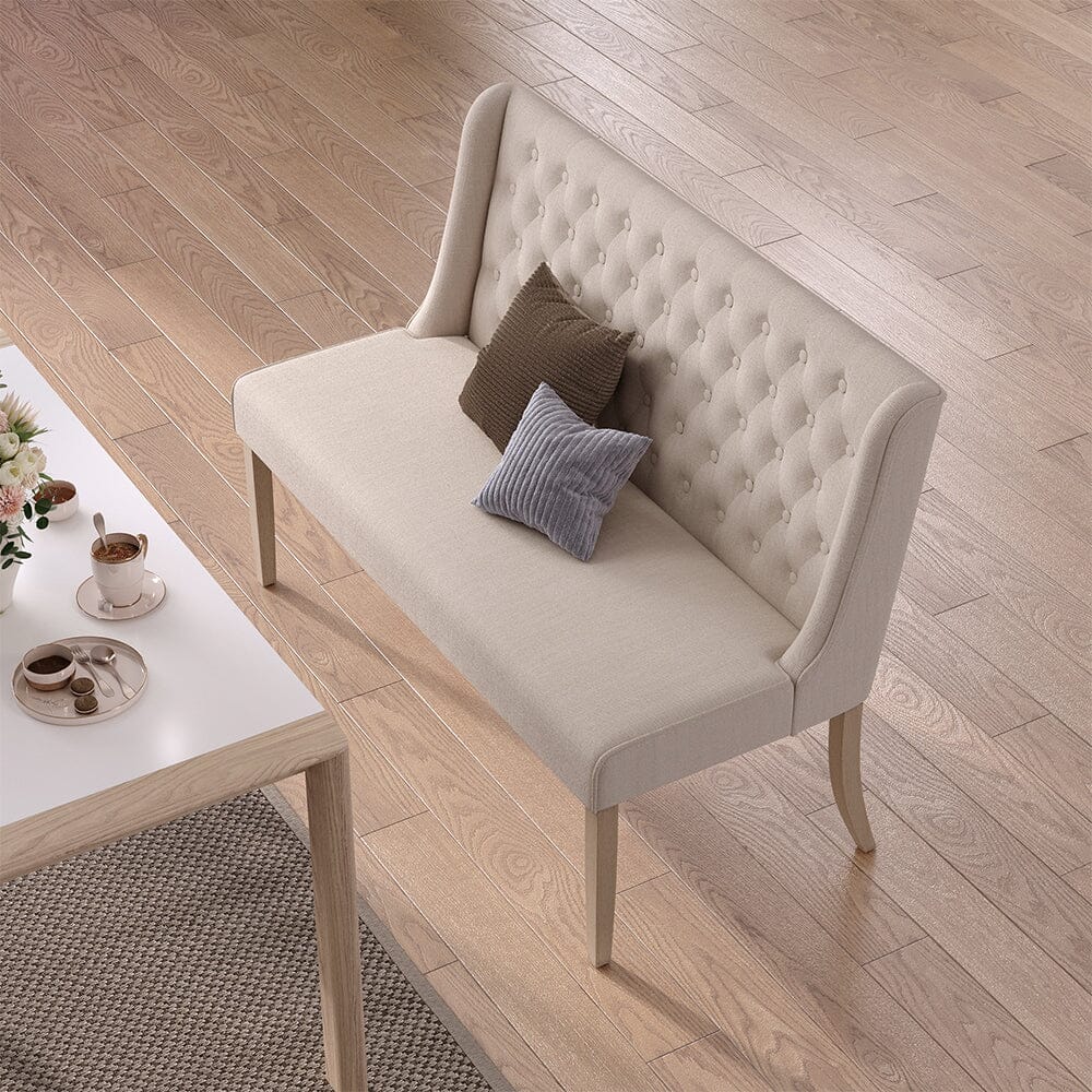 2 Seater Bench Sofa Beige Linen Rubber Wood Legs Living and Home 