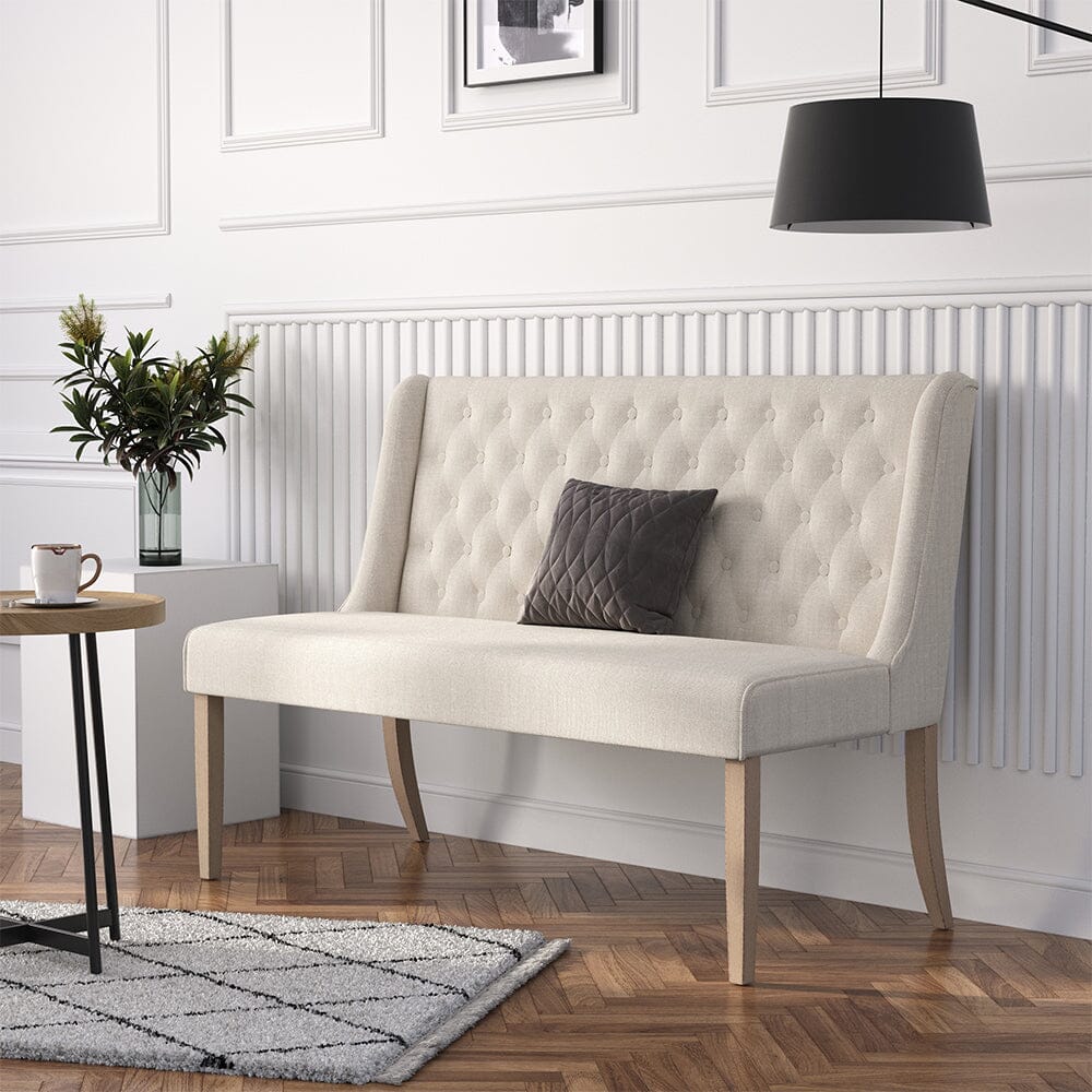 2 Seater Bench Sofa Beige Linen Rubber Wood Legs Living and Home 