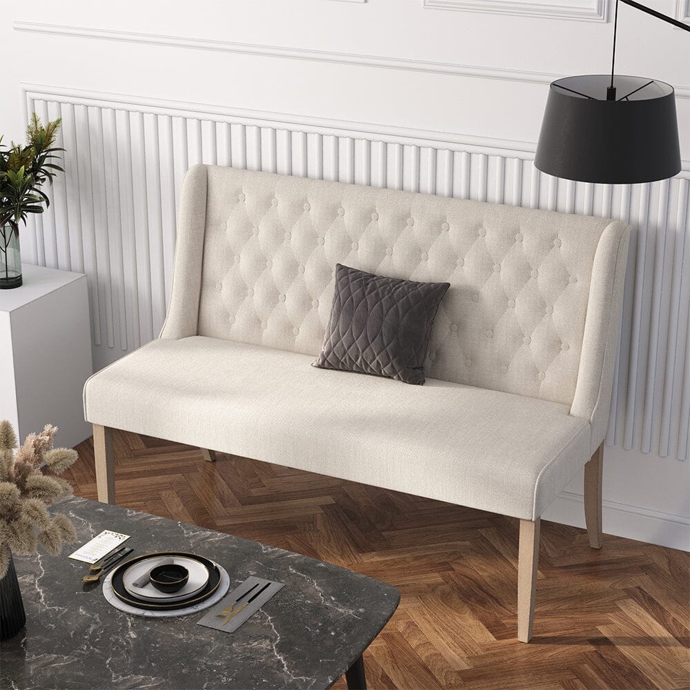 2 Seater Bench Sofa Beige Linen Rubber Wood Legs Living and Home 