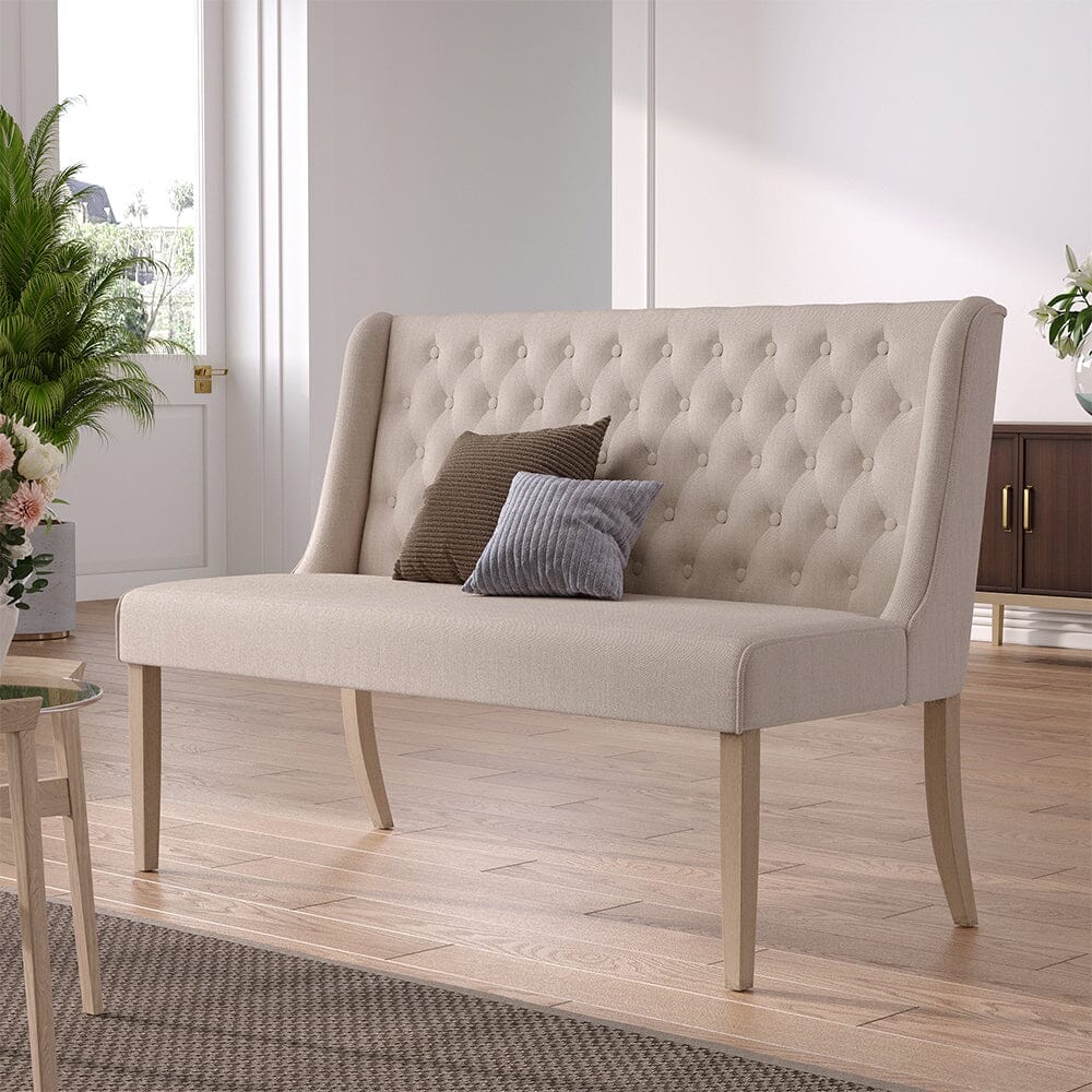 2 Seater Bench Sofa Beige Linen Rubber Wood Legs Living and Home 