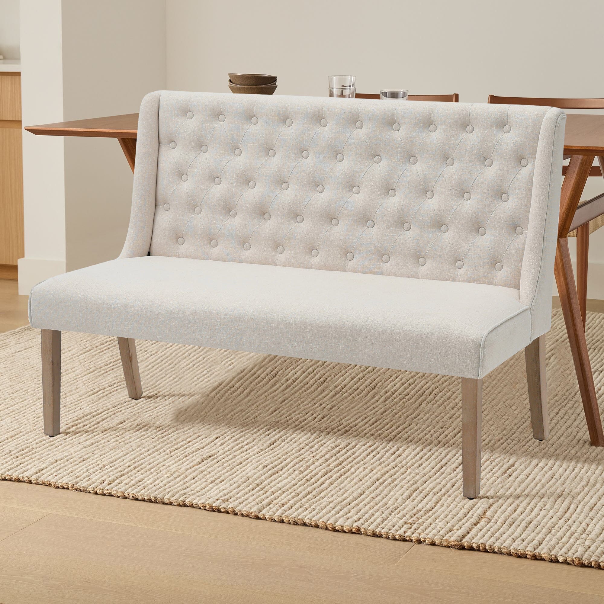 2 Seater Bench Sofa Beige Linen Rubber Wood Legs Living and Home 