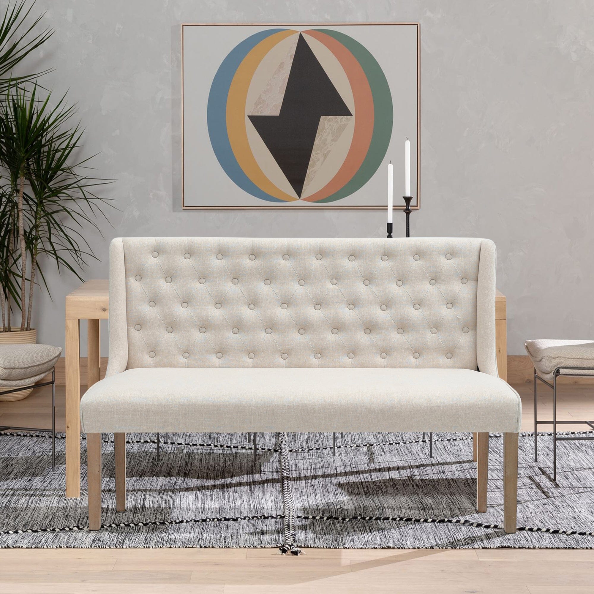 2 Seater Bench Sofa Beige Linen Rubber Wood Legs Living and Home 