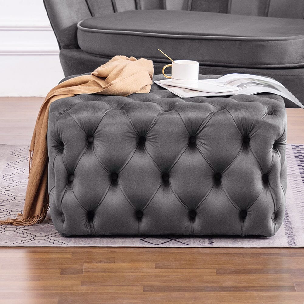 Chesterfield Style Square Ottoman Grey Velvet with Full Tufting Living and Home 