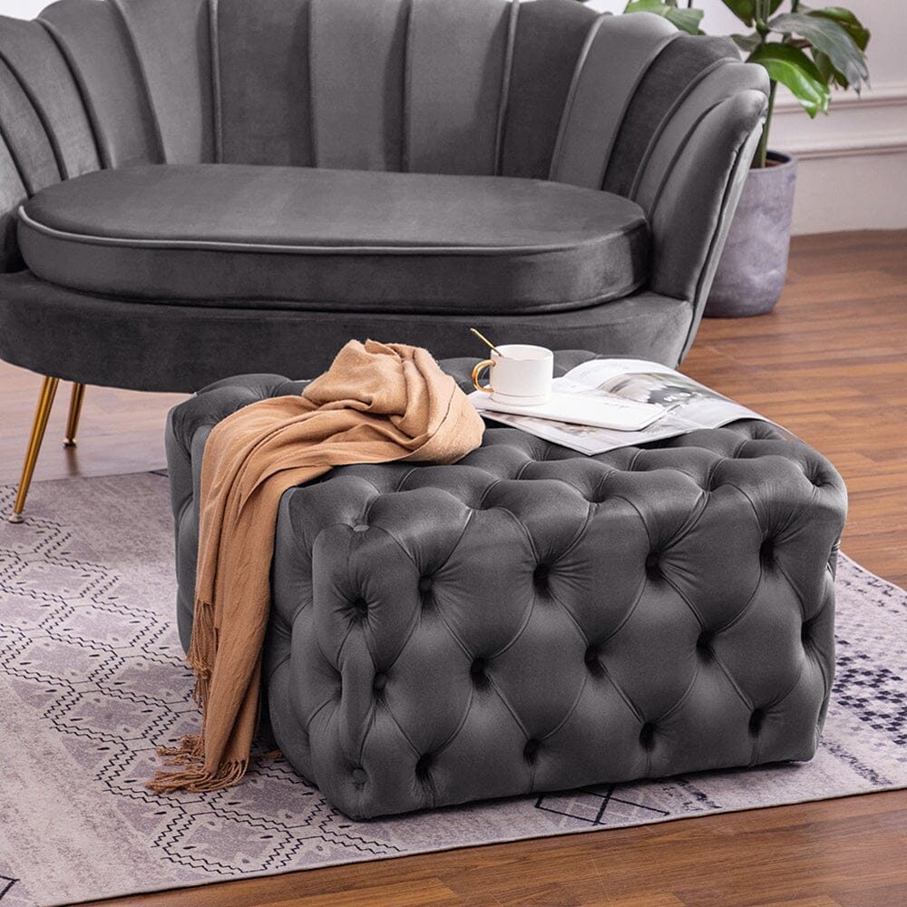 Chesterfield Style Square Ottoman Grey Velvet with Full Tufting Living and Home 