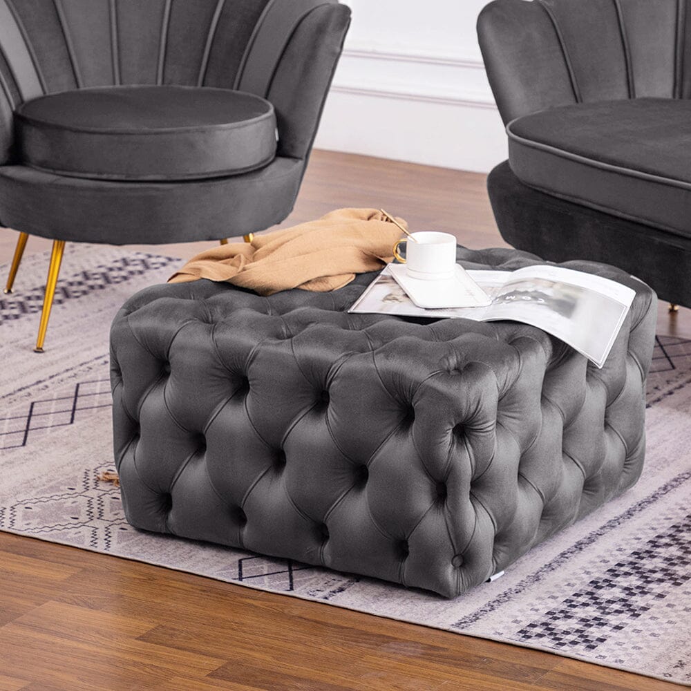 Chesterfield Style Square Ottoman Grey Velvet with Full Tufting Living and Home 