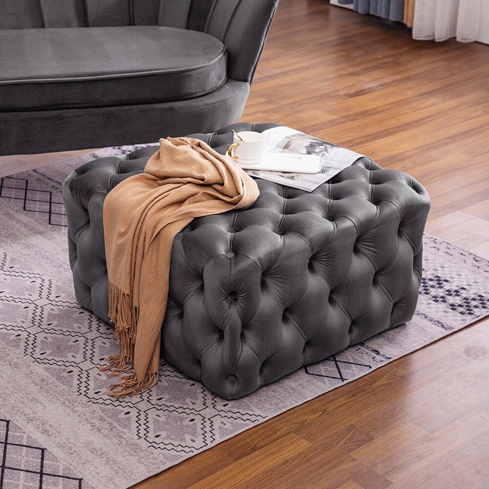 Chesterfield Style Square Ottoman Grey Velvet with Full Tufting Living and Home 
