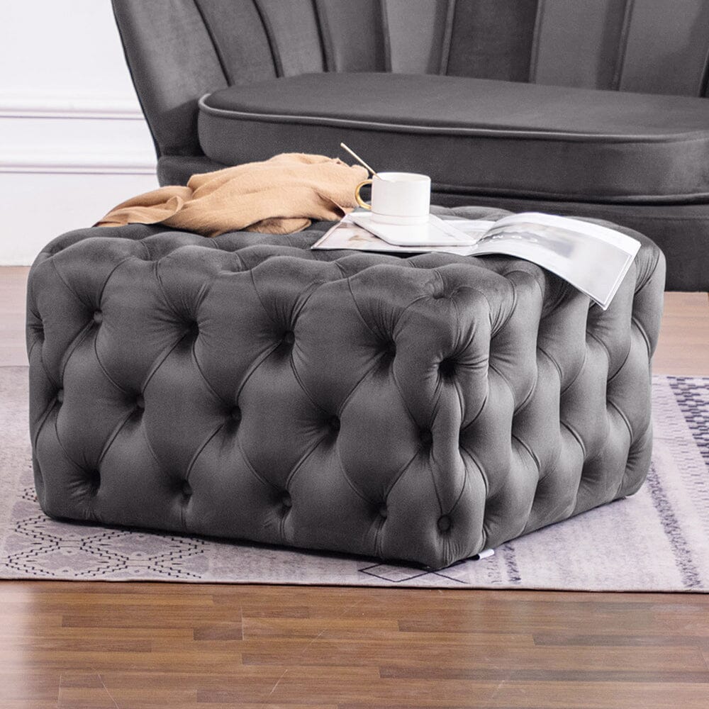 Chesterfield Style Square Ottoman Grey Velvet with Full Tufting Living and Home 