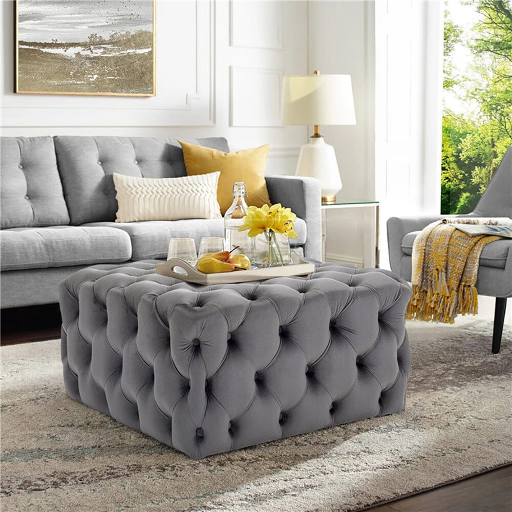 Chesterfield Style Square Ottoman Grey Velvet with Full Tufting Living and Home 