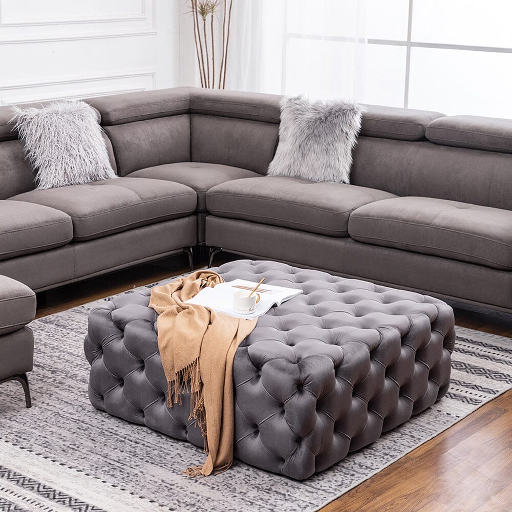 Chesterfield Style Square Ottoman Grey Velvet with Full Tufting Living and Home 