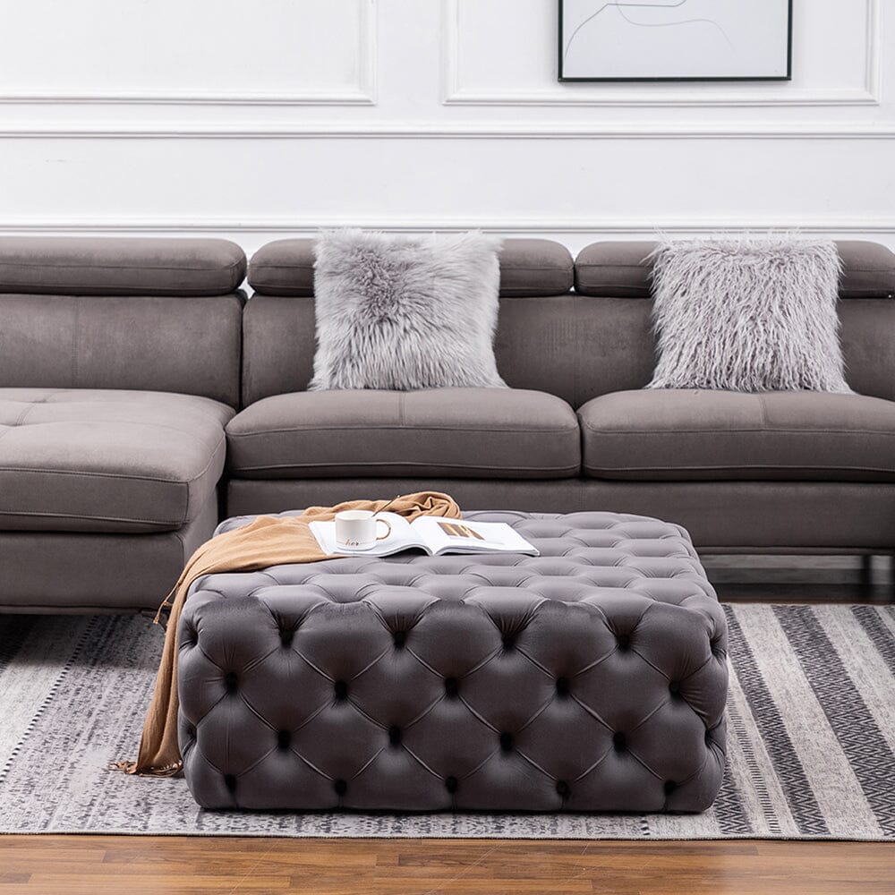 Chesterfield Style Square Ottoman Grey Velvet with Full Tufting Living and Home 