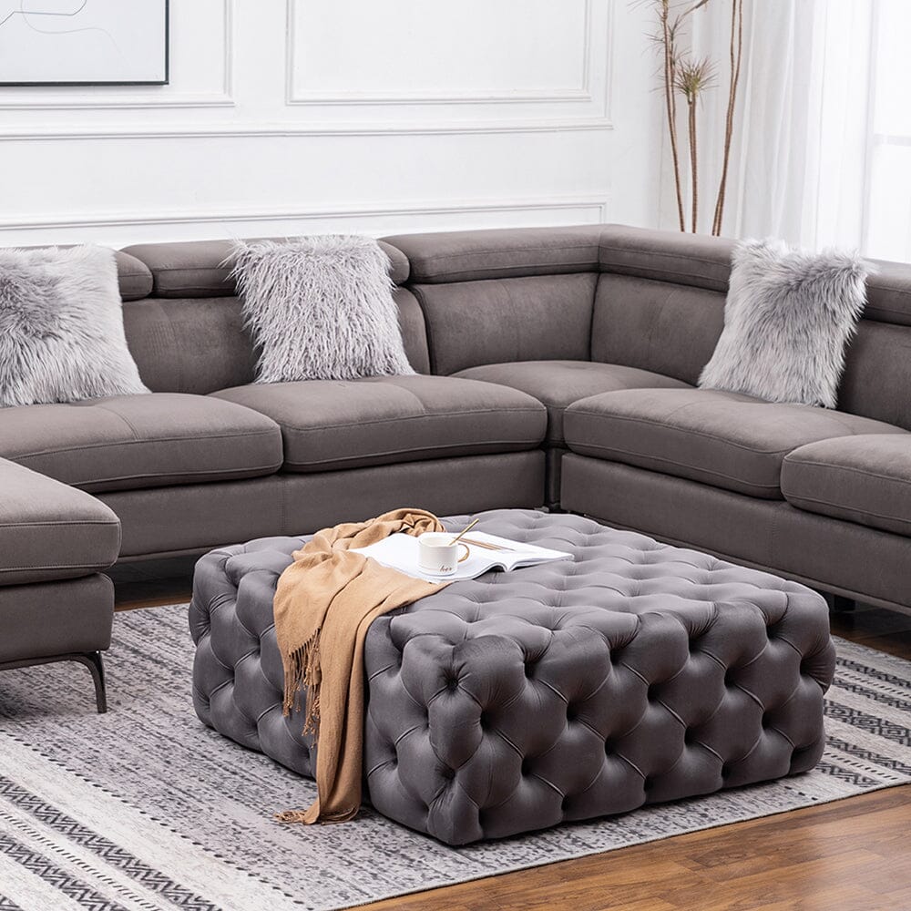 Chesterfield Style Square Ottoman Grey Velvet with Full Tufting Living and Home 