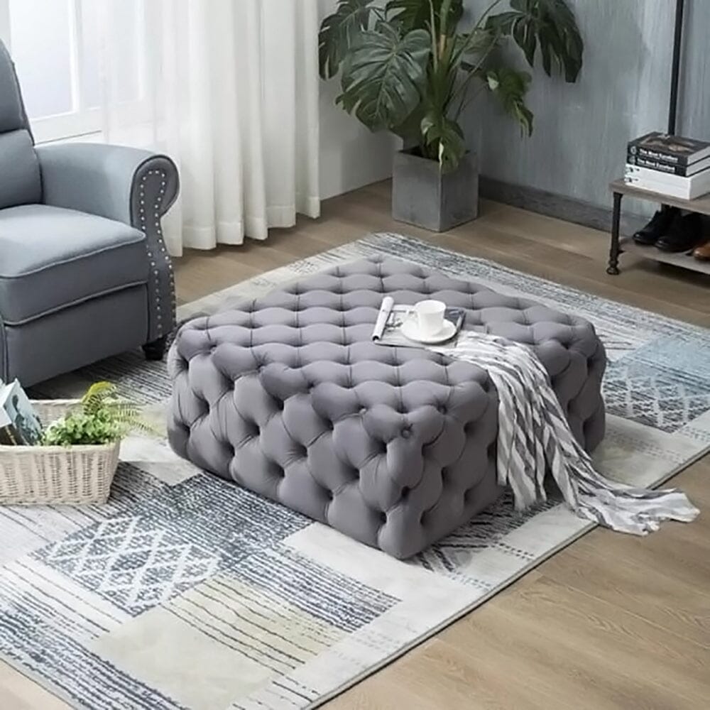 Chesterfield Style Square Ottoman Grey Velvet with Full Tufting Living and Home 
