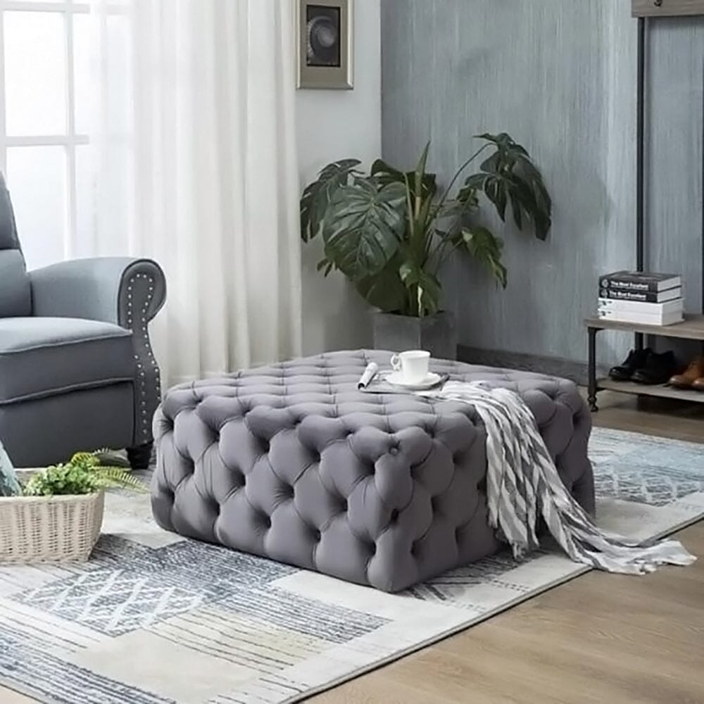 Chesterfield Style Square Ottoman Grey Velvet with Full Tufting Living and Home 