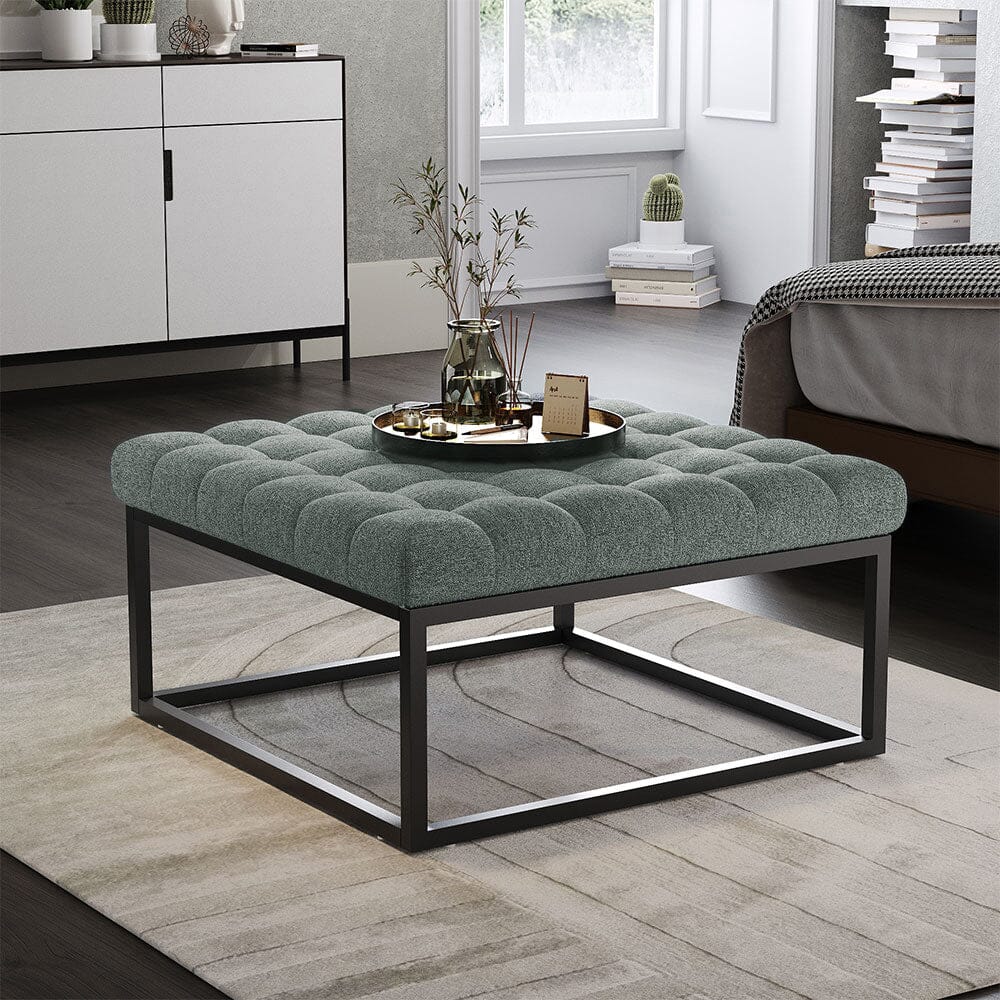 Large Square Ottoman Bench Linen Fabric with Tufted Detail &amp; Metal Frame Living and Home 