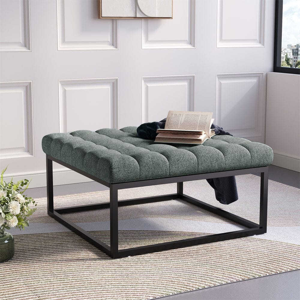 Large Square Ottoman Bench Linen Fabric with Tufted Detail &amp; Metal Frame Living and Home Grey 