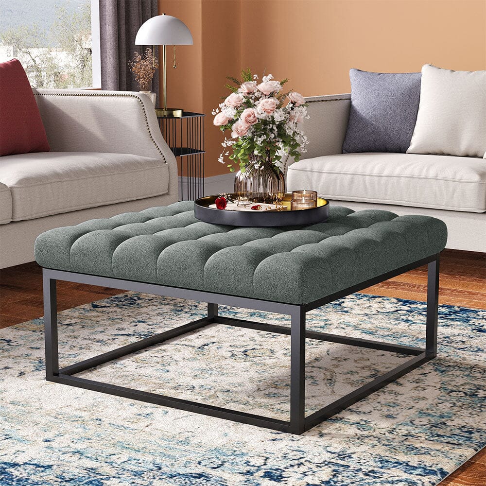Large Square Ottoman Bench Linen Fabric with Tufted Detail &amp; Metal Frame Living and Home 