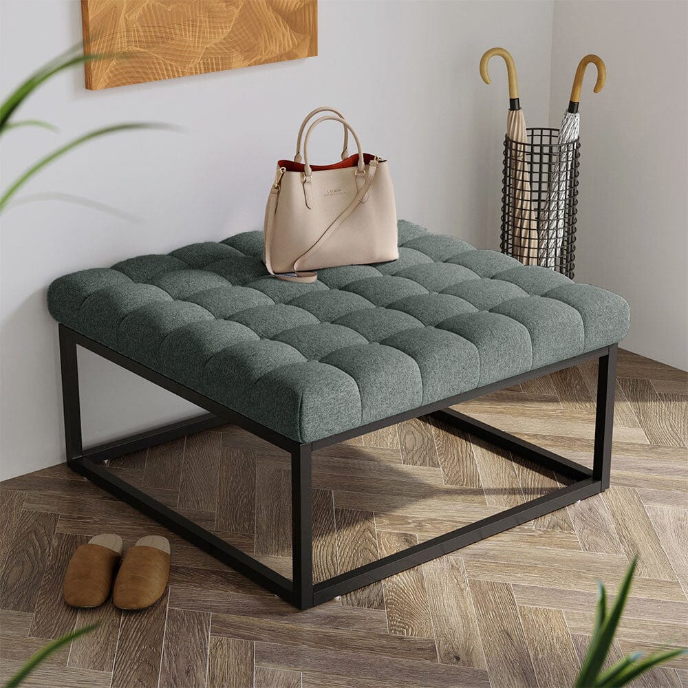Large Square Ottoman Bench Linen Fabric with Tufted Detail &amp; Metal Frame Living and Home 