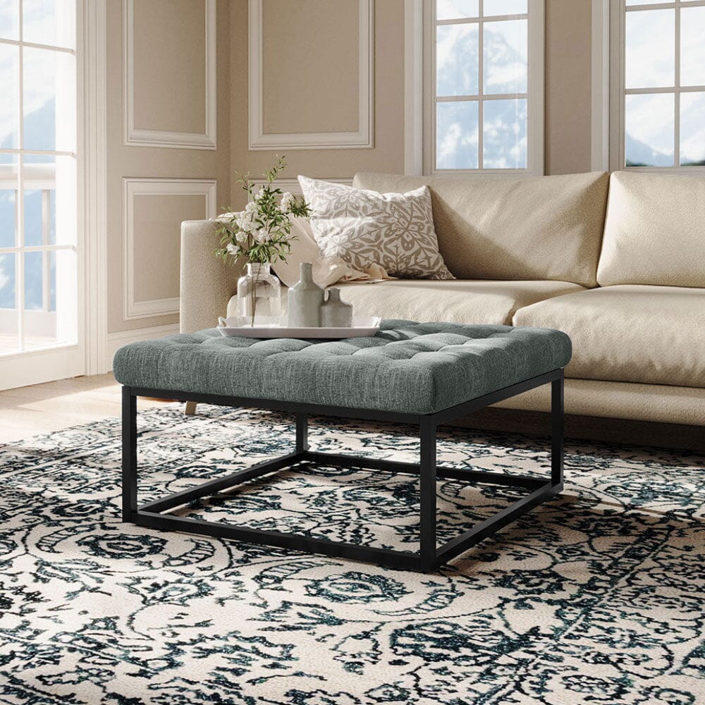 Large Square Ottoman Bench Linen Fabric with Tufted Detail &amp; Metal Frame Living and Home 