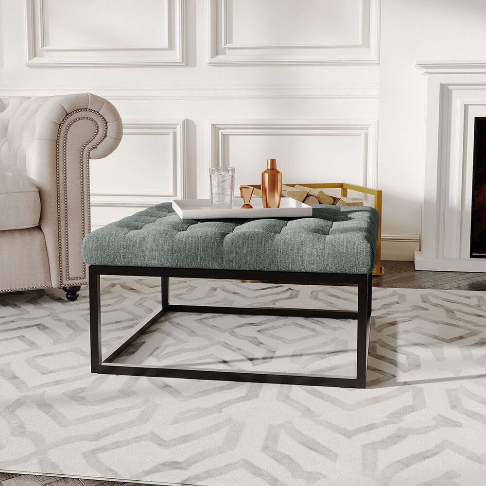 Large Square Ottoman Bench Linen Fabric with Tufted Detail &amp; Metal Frame Living and Home 